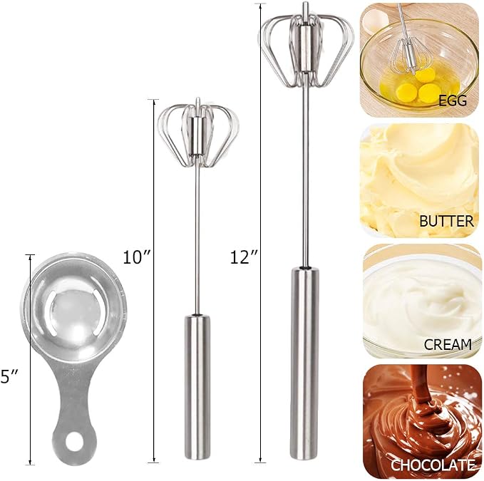 Stainless Whisks, 2 Pieces 10"/12" Hand Push Egg Beater Mixer, Non Electric Easy Whisk Just Pressing and Whisking Save Much Energy Kitchen Utensil for Blending, Whisking, Beating and Stirring