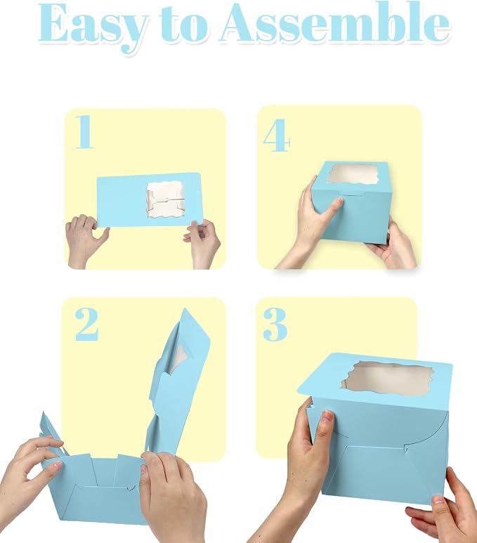 Bakepacker 36pcs 6x6x5 Inches Cake Boxes with Window 18-Packs Light Blue 6 Inch Bakery Boxes (18 Cake Boxes +18 Cake Boards Included)