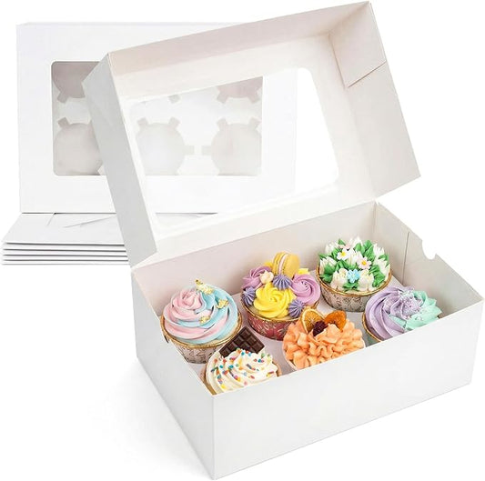 HANSGO 6 Count Cupcake Boxes,6PCS Cupcake Containers with Window White Pastry Boxes for Muffins Pastry Strawberry, Party Supplies 9.5x6.3x3.5 Inch