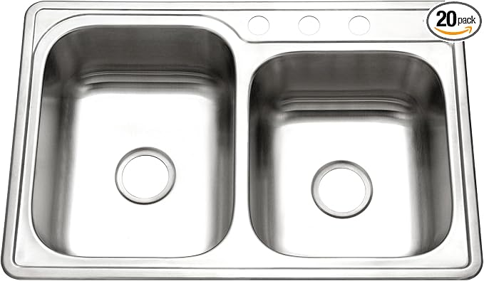 Houzer Glowtone Stainless Steel Kitchen Bar & Prep Sink - 33 Inch Drop-In Topmount 3-Hole 60/40 Double Bowl Sink, Durable & Versatile, Nested 20-Pack - ISL-3322BS3-20