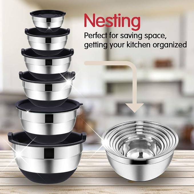 Rottay Mixing Bowls Set with Airtight Lids, 20PCS Stainless Steel, Nesting Bowls with 3 Grater Attachments & Non-Slip Bottoms, Size7, 4, 3, 2, 1.5, 1QT Bowls for Baking&Prepping