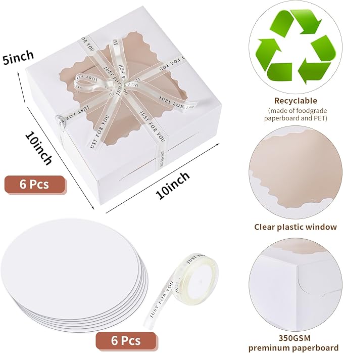 12pcs 10x10x5 Inches Cake Boxes,6pcs White Boxes and 6pcs Boards,Cajas Pasteles for Disposable 10 inch Cake box with Window (White, 10 * 10 * 5inch/12pcs)