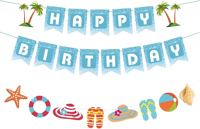 Zwiebeco Seaside Happy Birthday Party Decoration Blue White Sign Starfish Conch Hanging Paper Banner for Kids Adults Tropical Hawaiian Beach Pool Summer Accessories Supplies