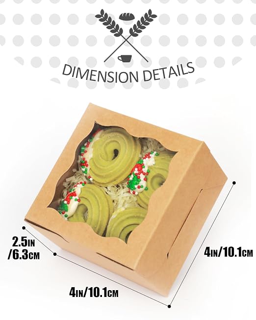 qiqee 400Pcs Brown Bakery Box with Window 4"x4"x2.5" Macaron Boxes Small Donut Pastry Boxes for Party Mini Cookie Boxes