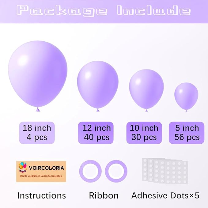 Voircoloria 130pcs Pastel Purple Balloons Different Sizes 18" 12" 10" 5" Light Purple Latex Balloon Garland Arch Kit for Birthday Baby Shower Graduation Wedding Gender Reveal Party Decorations