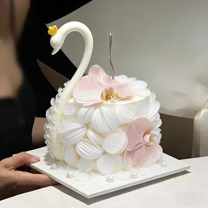 60PCS/80PCS Wafer Paper Round Pieces 3D Spherical Cake Edges Rice Paper Swan Rose Flower Round Cupcake Decoration Inserts (60, White, small)