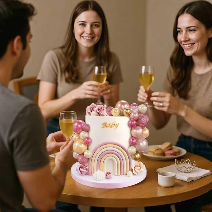56 PCS Colorful Ball Shaped Cake Topper Pearl Balls Cupcake Cake Insert Topper for Birthday Party Wedding Decoration Supplies(Pink and Seven Colors Series)