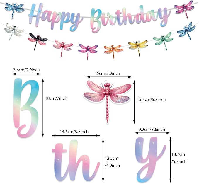 Zwiebeco Dragonfly Happy Birthday Banner Iridescent Insect Sign Hanging Paper Birthday Party Decorations for Girls Boys Kids Woodland Garden Accessories Party Supplies