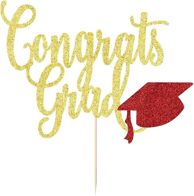 Congrats Grad Cake Topper,2026 Graduation Cake Topper, Congrats Grad Decorations,2026 High School/College/Senior Graduation Party Decorations Supplies. (Congrats Grad Gold red)