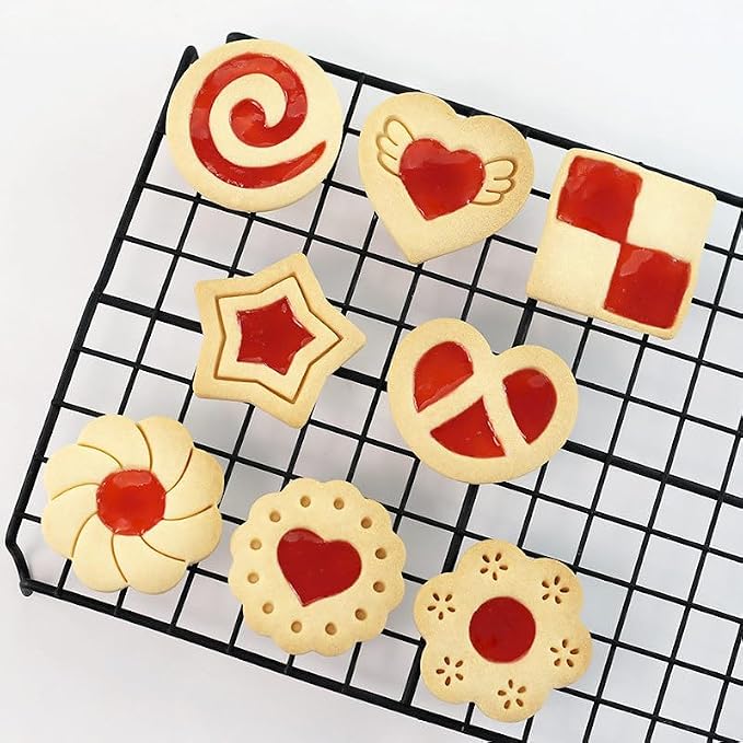 8 Pcs Jam-Filled Sandwich Cookie Cutter Set 3D Heart Star Flower Pressable Embossing Cookie Stamps with Plunger for DIY Baking Kitchen Bakeware Tool Biscuit Fondant Party Supply Cracker Pie