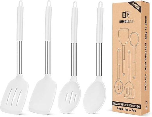 Pack of 4 Silicone Cooking Utensils Set, Non Stick Large Solid Spatulas, Heat Resistant Slotted Spoons, Ideal BPA Free Kitchen Turners for Frying, Mixing,Serving,Draining,Turning,Stirring (WHITE)