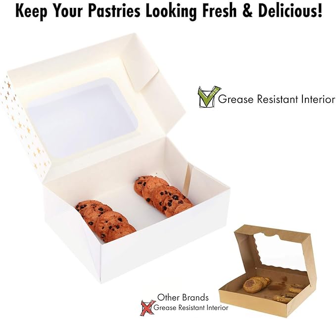 24 PCS Christmas Cookie Boxes for Gift Giving, 9x6x3 Golden Star Christmas Treat Boxes with Window, Auto-Up Holiday Cookie Boxes,Baking Goods Packaging Box for Desserts, Mini Cake, Donuts