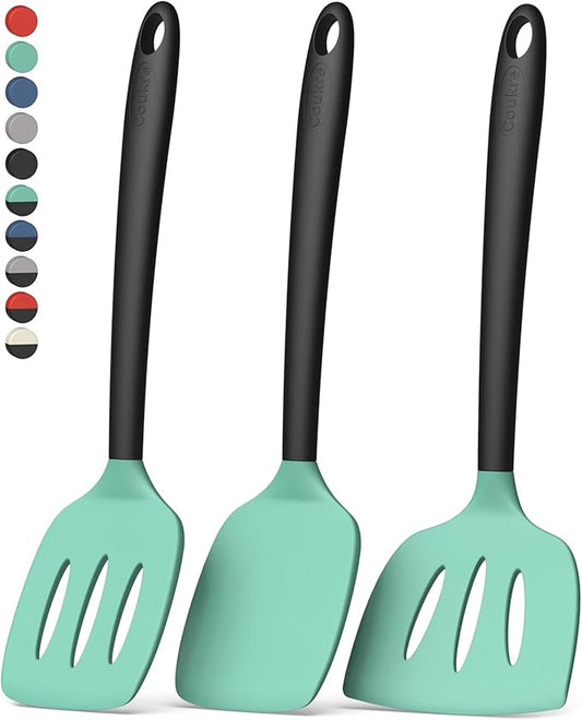Coukre 3 Pack Silicone Spatula Set, High Heat Resistant, BPA-Free, Fish Spatula, Solid & Slotted Turner for Non-Stick Pans, Flipping Eggs, Pancakes, Fish, Burgers (3, AquaGreenBlack)