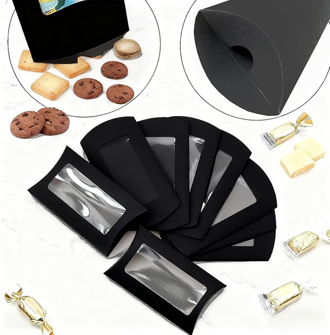 ZAJINJABD 50 Pcs Kraft Pillow Gift Boxes with Clear Windows, Sturdy Mini Folding Treat Boxes for Candy, Bakery, Chocolate, Jewelry, Wedding Party Favors