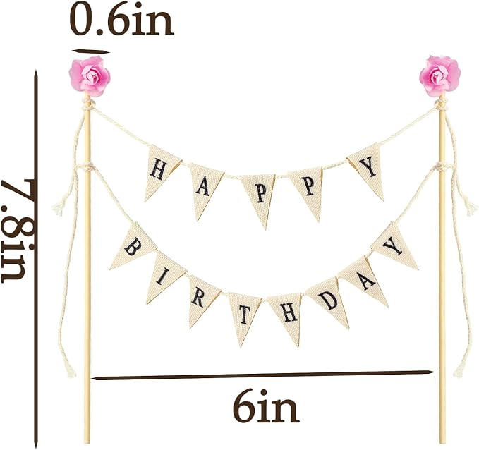 HAPPY BIRTHDAY Cake Topper with Wooden Sticks & Pink Flowers - 7.9 Inch Personality Banner Letters on Ivory Mesh for Girls, Women - Party Cake Decorations