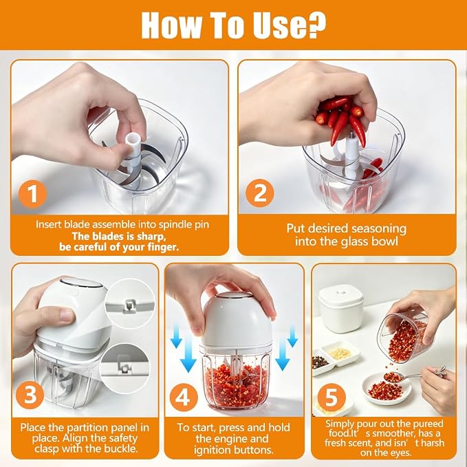 2026 New 450ML Electric Garlic Chopper, Powerful Portable Mini Food Processor, 1 Head 8 Blades, Partition Panel, Brush and Spoon, Garlic Mincer Electric for Ginger, Chili, Fruit, Meat, Onion, etc