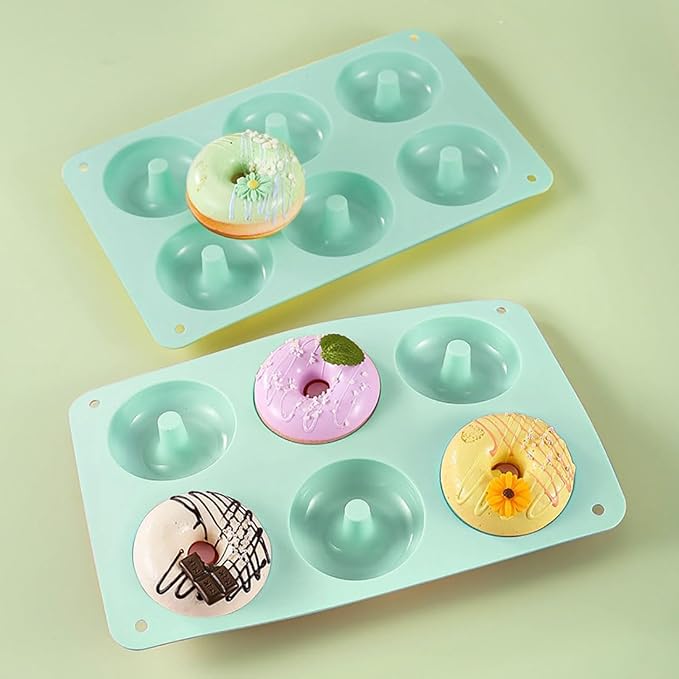 Silicone Donut Pan, Non-Stick Mold, Donut Mold for 6 Full-Size Baking Perfect Shaped Doughnuts - Cake Biscuit Bagels 2Pcs (Mint Green)