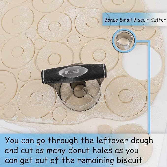 HULISEN Donut Cutter & 3.5 inch Biscuit Cutter (Set of 2), with Soft Grip Handle, Bonus 2 Pcs Small Cookies Cutter - Stainless Steel Professional Baking Dough Tool Set, Gift Package