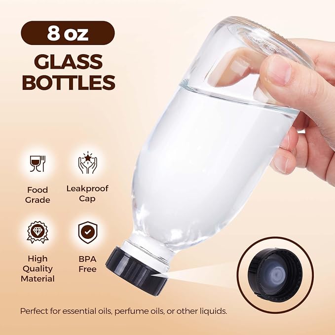 8 OZ Glass Bottles with Lids, 24 Pack Leakproof Glass Bottles for Vanilla extract Homemade, Food Storage, Juice, Essential Oils, Hot Sauce, Syrup, Beans, Boston Round Clear lab dispensing bottles