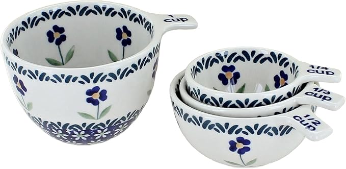 "Blue Rose Polish Pottery - Blue Daisy Measuring Cup Set - 1 Set - Ceramic Nesting Measuring Bowls for Baking, Cooking & Kitchen Prep"