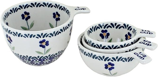 "Blue Rose Polish Pottery - Blue Daisy Measuring Cup Set - 1 Set - Ceramic Nesting Measuring Bowls for Baking, Cooking & Kitchen Prep"