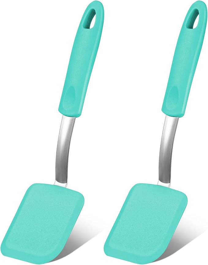 Silicone Cookie Spatula Turner 2 Pack Mini Brownie Spatula Flexible Kitchen Small Silicone Turner for Nonstick Cookware Heat Resistant No Scratch Flipper for Pancake(Solid Flat,Green)