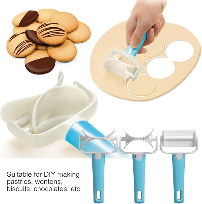 Alvinlite 3Pcs Rolling Pastry Cutter set|Round Roller Fondant Slicer|DIY Dough Cutter Roller Baking Accessory for Wonton Biscuit Cookies Dumpling Cake Making cookie cutter