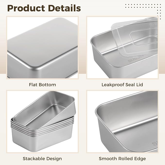 Homaisson 6 Pcs Stainless Steel Loaf Pan, Bread Baking Pans with Lids, Rectangle Cake Meatloaf Molds, Food Serving Pans, Ideal for Baking and Storage