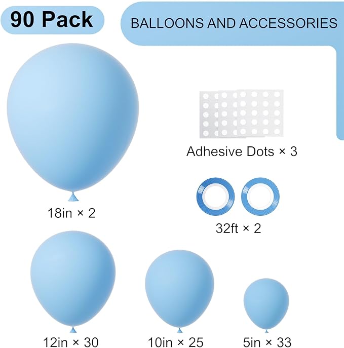 Voircoloria 90pack Light Blue Balloons Different Size 18/12/10/5 Inch Baby Blue Balloon Garland Arch Kit for Boys Girls Birthday Party, Baby Shower, Wedding, Gender Reveal, Baby Shower Decorations