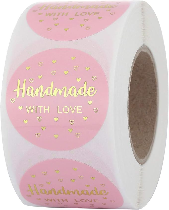 Yoption 1.5 Inch Round Handmade with Love Stickers Pink for Packaging, Cookie Bags, Small Shop Local Handmade, 500 Labels per Roll