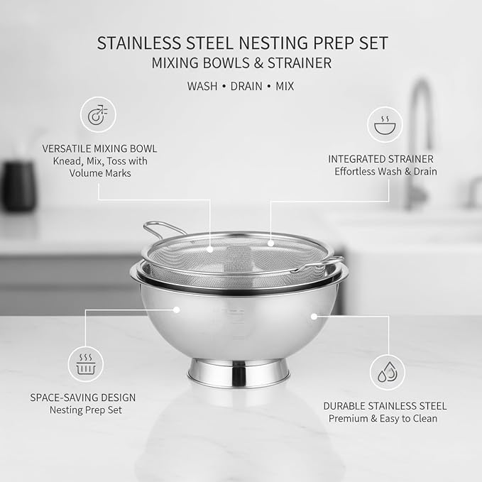 Stainless Steel Mixing Bowl Set with Nested Strainer, 2-in-1 Prep Basin for Washing, Draining, and Mixing