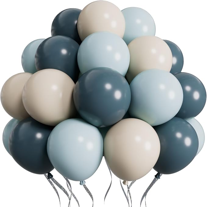 SUWEN Dusty Blue Balloons 60Pcs,12 inch Light Blue and Sand White Latex Balloons for Birthday Gender Reveal Party Decorations