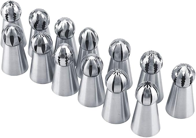 Fdit Russian Piping Tips Set, 13 Pieces, Stainless Steel, Sphere Nozzle, Cake Decorating Supplies