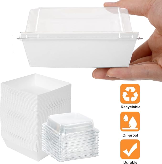 Kosotody 50 Pack Charcuterie Boxes with Clear Lids, 4 Inches White Oil-Proof Kraft Paper Food Containers Bakery Boxes for Sandwich, Cookies, Hot Cocoa, Cupcakes and Strawberries(White)