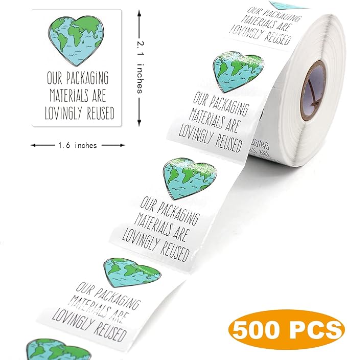 Muminglong 1.5 Inch Our Packing Materials Are Lovingly Reused Sticker, Thank You, Reused Box, Recycling Label, Love Shaped Earth, Handmade, Packaging, 500 PCS