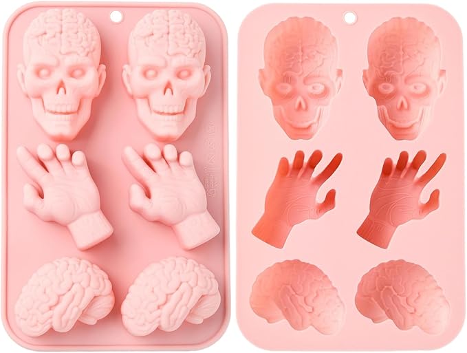Ipotkitt 2pcs Pink Halloween Theme Silicone Candy Molds Skull Hand Brain Shaped Gummy Molds for Jelly Fondant Chocolate Candy Ice Cake DIY Crafts Keto Fat Bomb