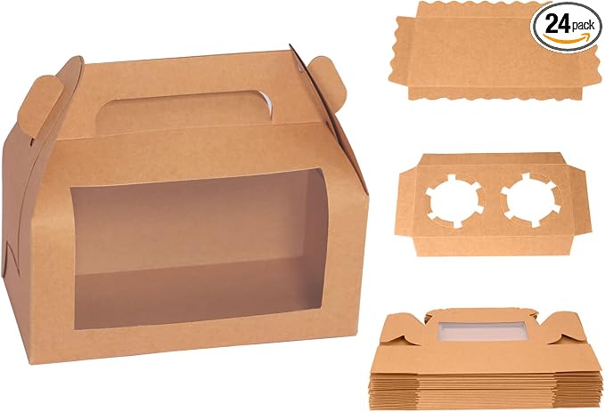 24pcs Kraft Cupcake Boxes 6.8''x3.6''x3.1'' Clear Window Cake Paper Holders Cake Boards Disposable Tiered Cake Containers Handle Boxes Treat Boxes Gift for Party Wedding, Christmas Party | Food-grade cardboard bakery boxes with window. Rustic design fo...