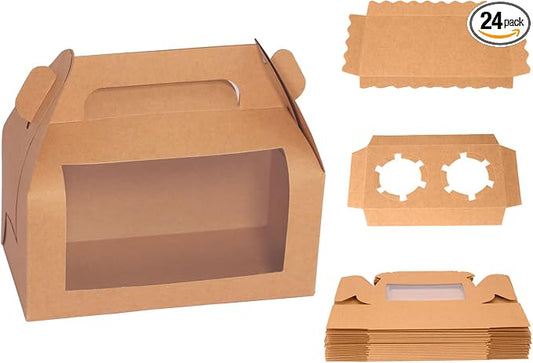 24pcs Kraft Cupcake Boxes 6.8''x3.6''x3.1'' Clear Window Cake Paper Holders Cake Boards Disposable Tiered Cake Containers Handle Boxes Treat Boxes Gift for Party Wedding, Christmas Party | Food-grade cardboard bakery boxes with window. Rustic design fo...