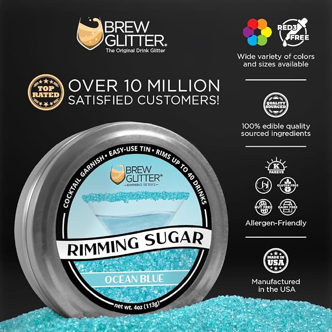 Brew Glitter - Ocean Blue Rimming Sugar (4oz, 1x Bar Tin) Cocktail Garnish for Mixed Drinks & Refreshments