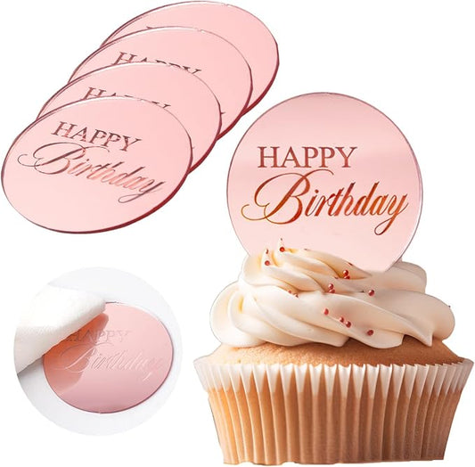 20pcs Pink Birthday Cupcake Toppers Acrylic Cake Picks for Party Decor | Mirror Design Rose Gold Birthday Party Supplies Round Picks DIY Gifts Flower Bouquet Pastries Desserts Decor