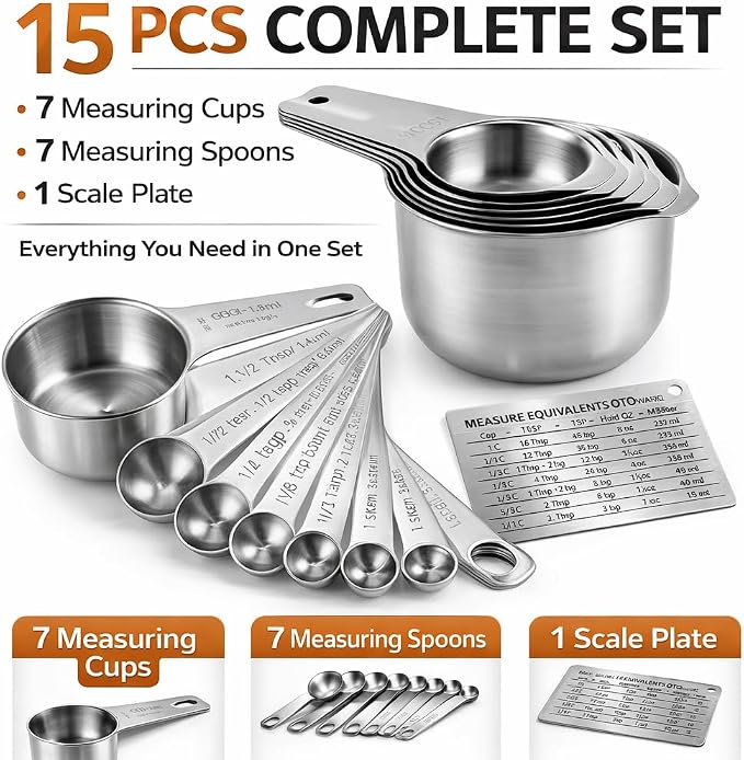 15 Piece Measuring Cups and Spoons Set, Stainless Steel Stackable Measuring Cups, Magnetic Measuring Spoons, Metal Baking Measuring Set for Cooking & Baking