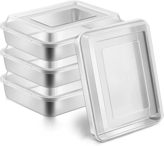 Leonyo 9.3"x7"x2" Bakeware Cake Pan with Lid, Lasagna Sheet Pan Set of 4 | For Commercial Kitchen, Focaccia Bread, Casserole Dish, Oven Safe & Stainless Steel