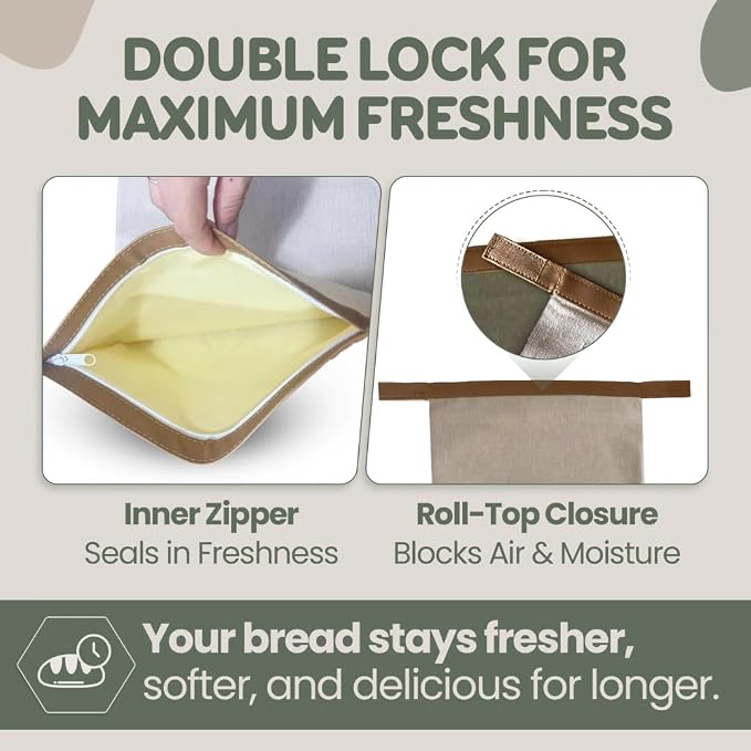 LOAF STORY By Sourdough Whisper, Double Lock Reusable Beeswax Bread Bags, Fully Open Zipper + Roll Top Seal, XL Airtight Bread Storage for Freezer & Fridge, 2 Pack