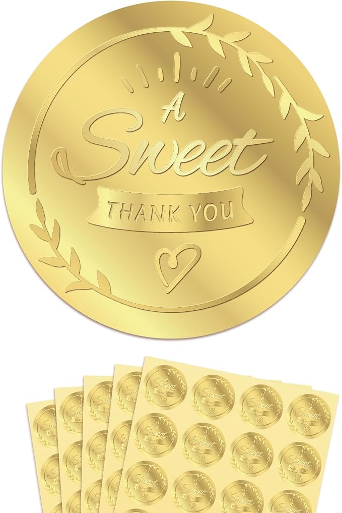 100x A Sweet Thank You Embossed Favor Stickers Labels, Gold Foil Tags Envelope Seals, Wedding Invitation Decor Foil Party Favor Stickers for Sealing Awards Embossing Certificates 1.5 Inch