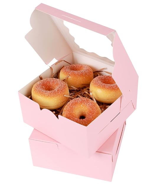 qiqee Pink Bakery Box with Window 100packs 6x6x3 Pink Cookie Boxes Pastry Box for Wedding Favor Birthday ＆ Party