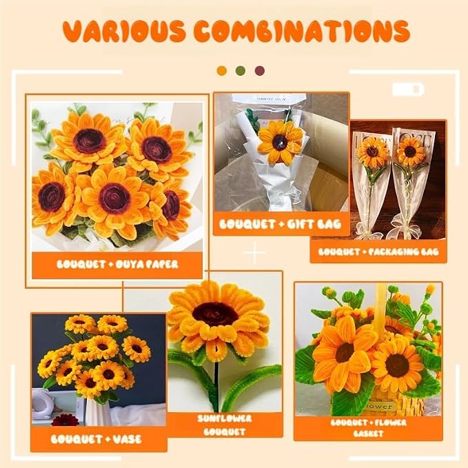 AHAMETON 620Pcs Sunflower Pipe Cleaner Flower Kit, 6 Colors Bulk Pipe Cleaners Craft Supplies with Wires, Stamens, Ribbon, Tape, Card, DIY Flower Making for Gifts Party Home Decoration, School Crafts