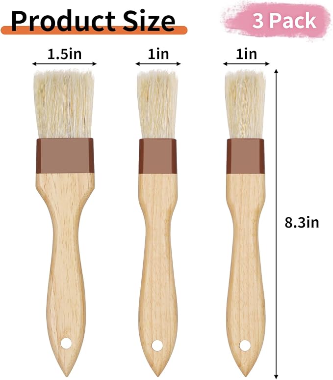 3 Pcs Pastry Brush, Natural Bristle Basting Brush, Cooking Brush, Food Brush, Butter Brush, Baster Brush, BBQ Brushes for Sauce, Kitchen Baking Brushes for Oil, Grilling, Marinade