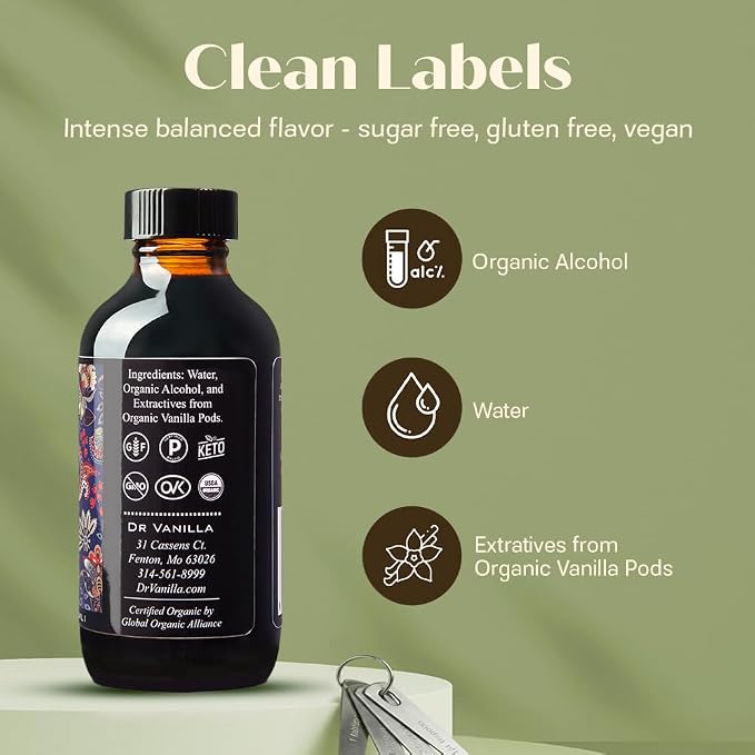 Organic Vanilla Extract, 4 fl oz - Madagascar Bourbon vanilla, 100% natural, sugar‑free, GMO‑free, gluten‑free, vegan, paleo, keto, and kosher
