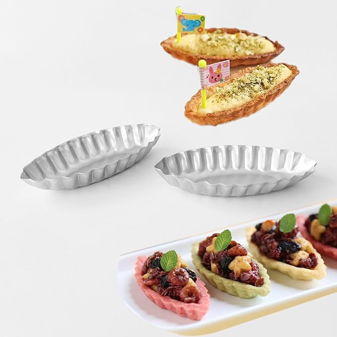Tiny Tart Pan Boat Shape, 10PCS Egg Tart Mold Fluted Edge, Wave Flower Aluminum Baking Tool, Reusable Dessert Tray for Small Tartlets, Quiches