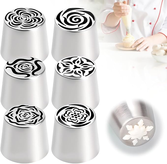 6/3PCS Extra Large Russian Piping Tips, Stainless Steel Flower Piping Tips Rose Floral Icing Nozzles for Cake Decorating, Frosting, Cream Flower DIY Cookies, Desserts Baking Tools (6PCS)